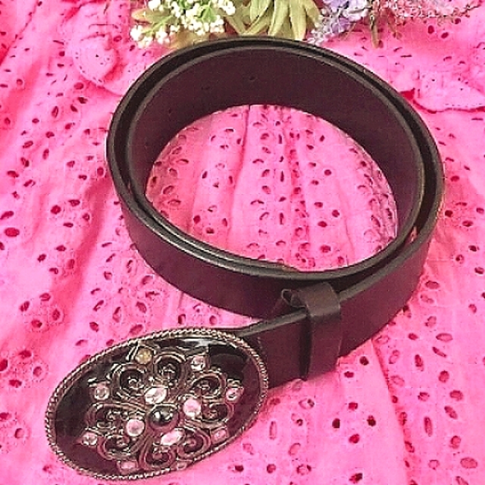 💗NWOT Express Vintage Black Leather Enamel & Silver Stone Buckle Belt (S/XS)💗